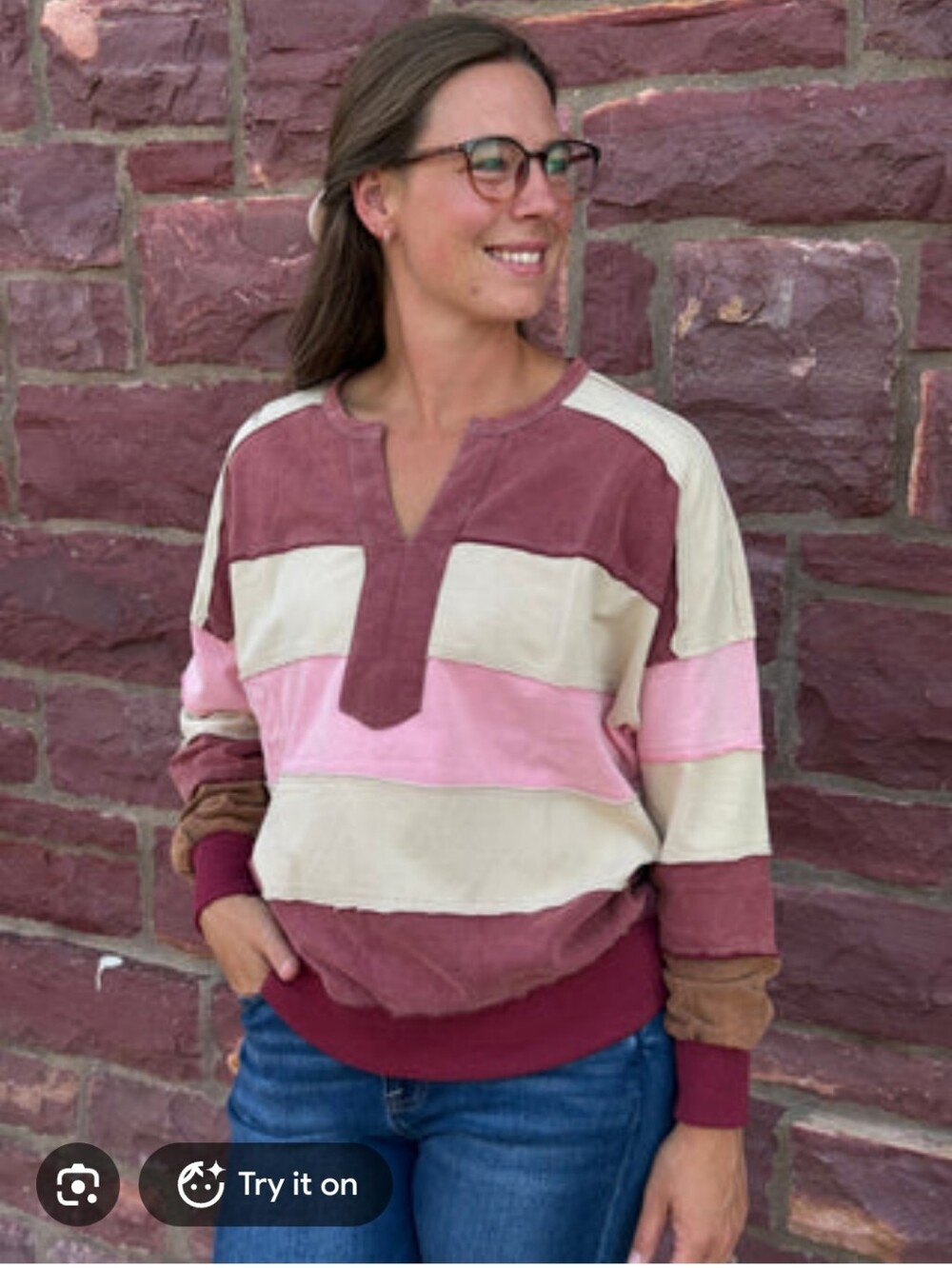 Easel Women's Pink & Red Color Block Long Sleeve Top In Large